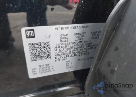 2024 Chevrolet Trax Fwd Sp из США, поврежденный, VIN KL77LFE21RC231873